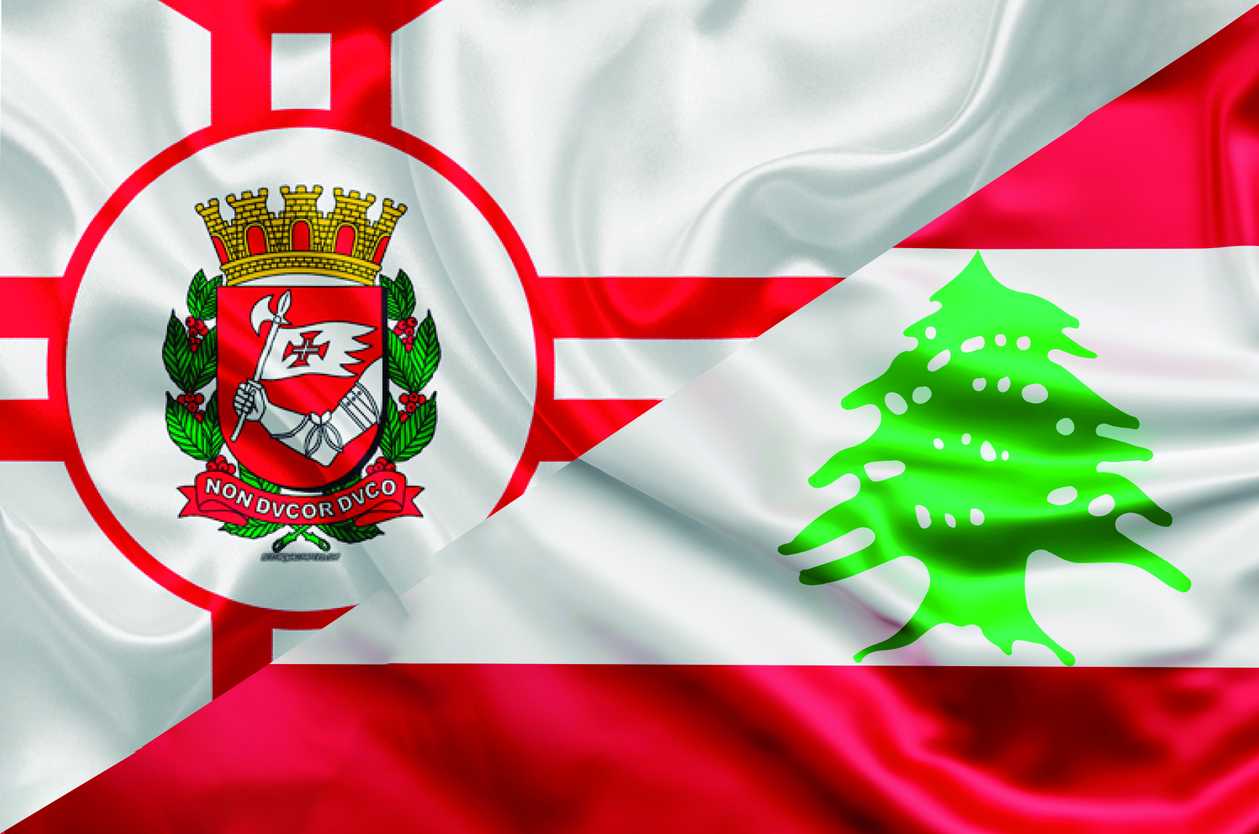 Arte com as bandeiras da cidade de São Paulo e do Líbano.